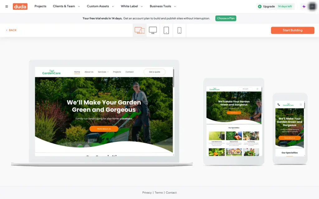 Preview of the Gardener template on three screen sizes