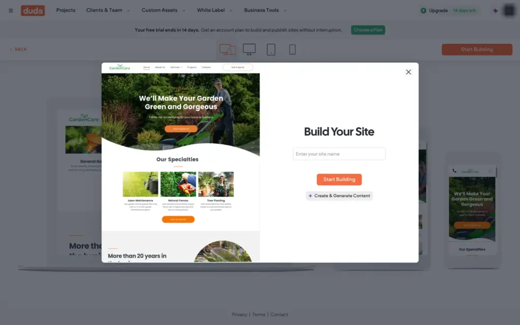 Start Building asks for the site name