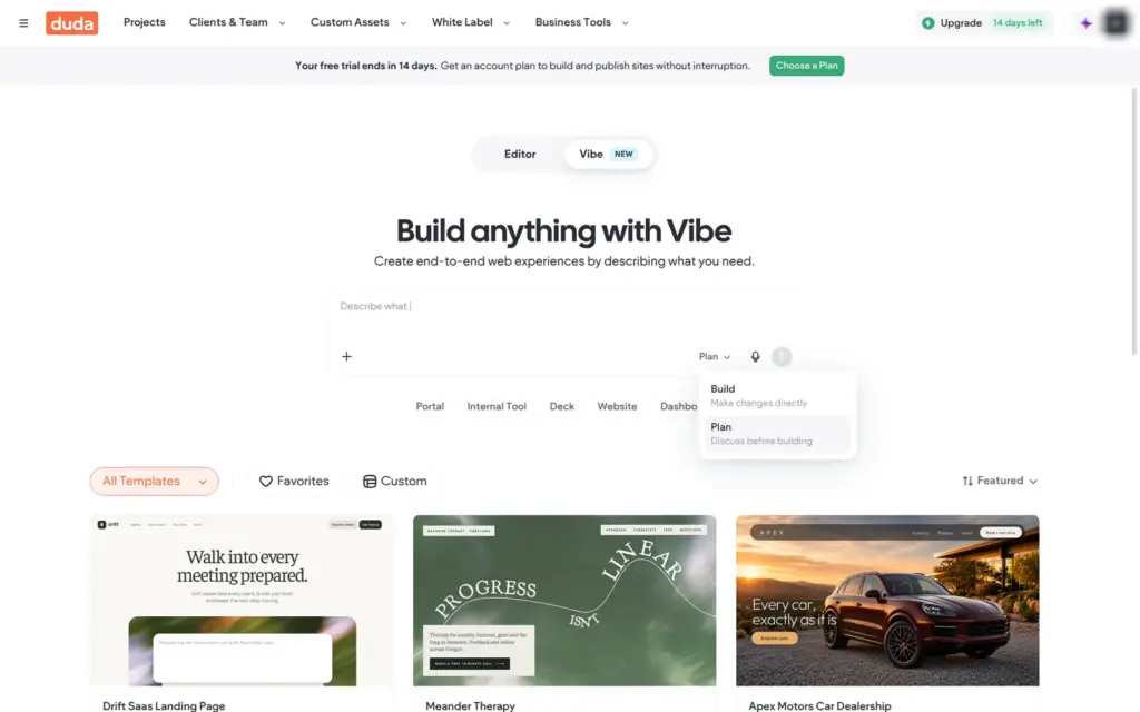 Duda Vibe with Plan and Build modes