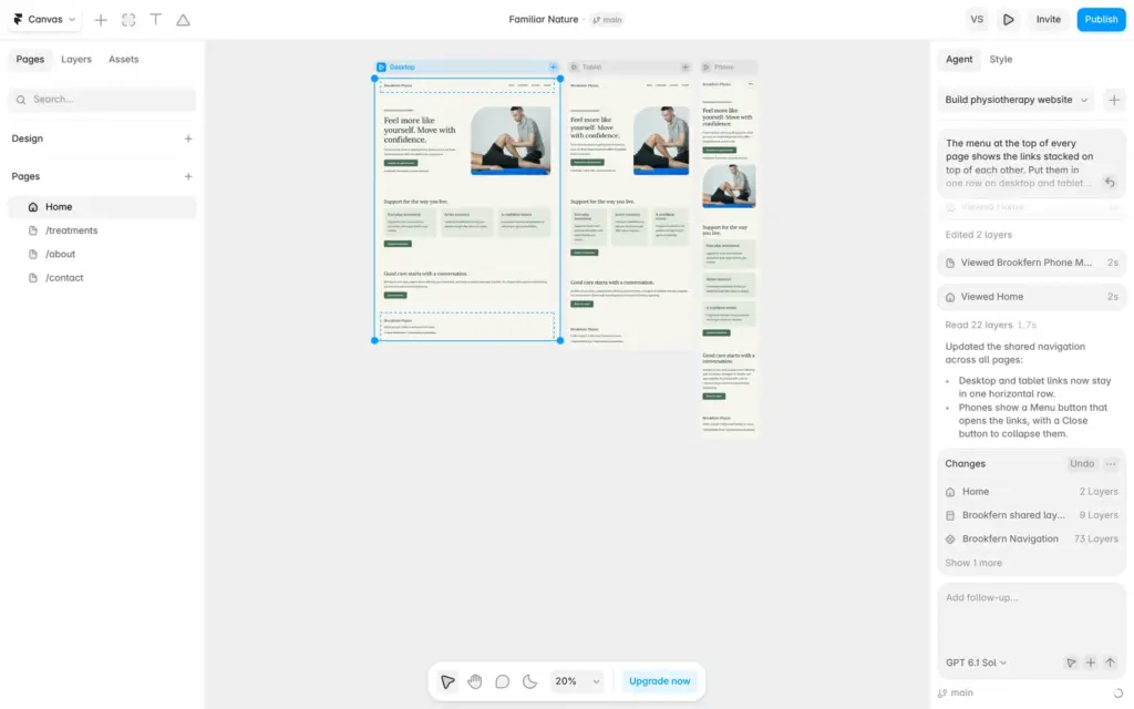 The AI-built site after the menu fix, on desktop, tablet and phone