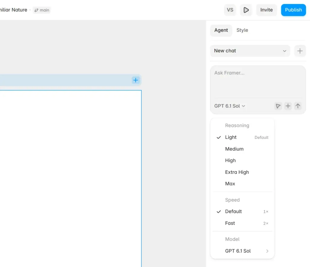 Model, reasoning and speed options of the Framer AI agent