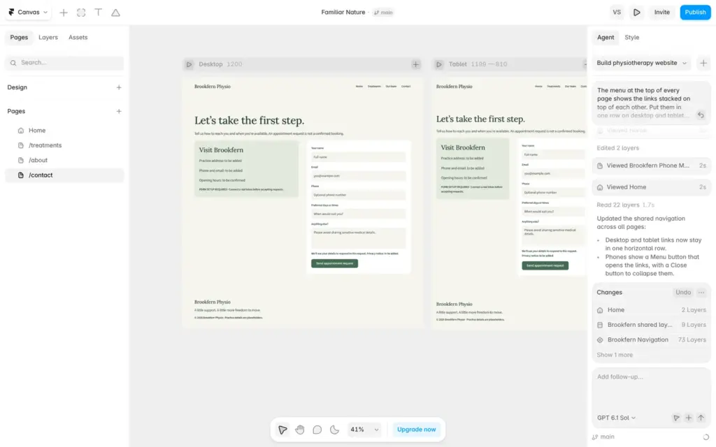 Contact page with an appointment form built by the Framer AI agent