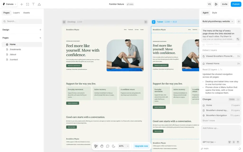 Home page of the physiotherapy site built by the Framer AI agent
