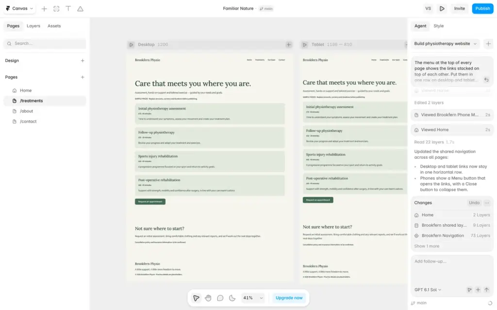 Treatments page with sample prices built by the Framer AI agent