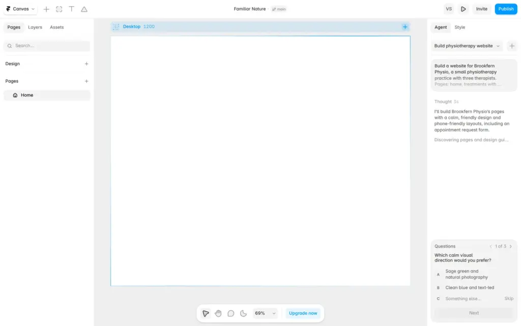 The Framer AI agent's plan and its first question before building