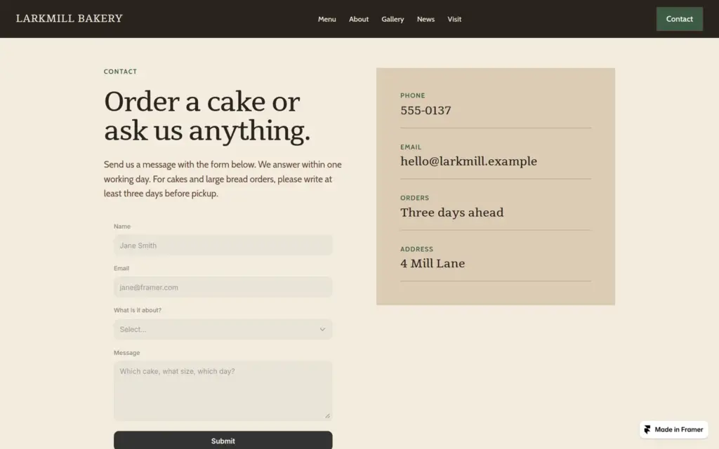 Contact page with the cake order form, desktop