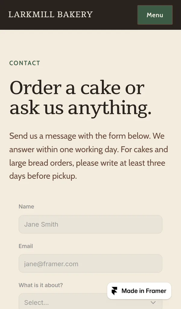 Contact page with the form on a phone