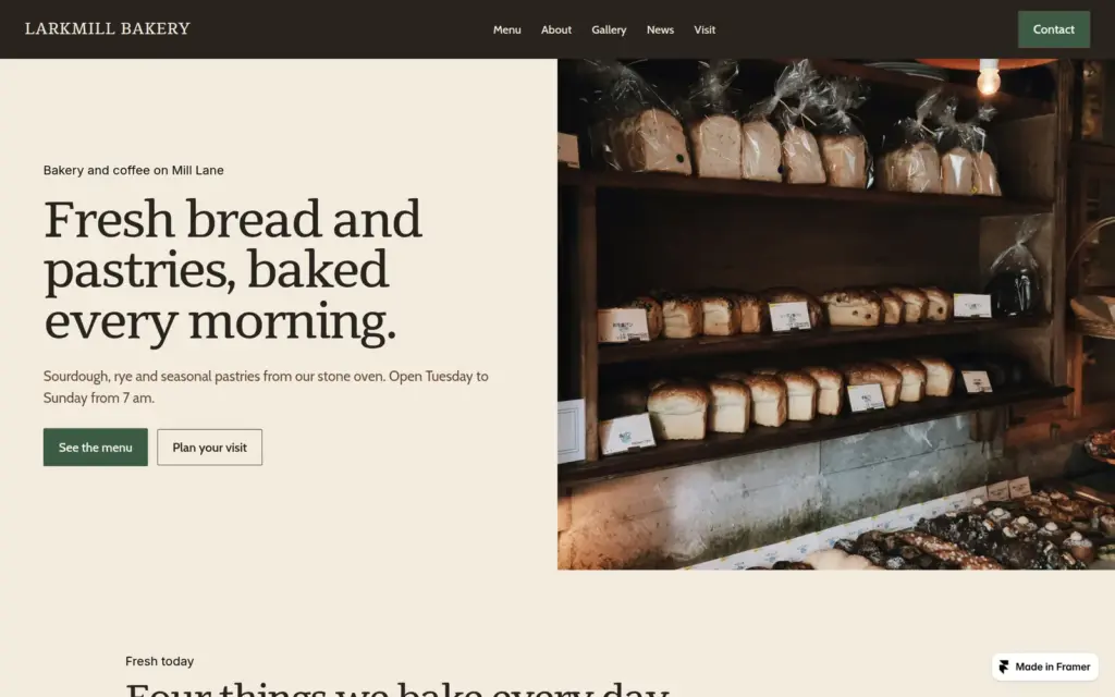 Home page of the Larkmill Bakery demo site built with Framer, on a desktop screen