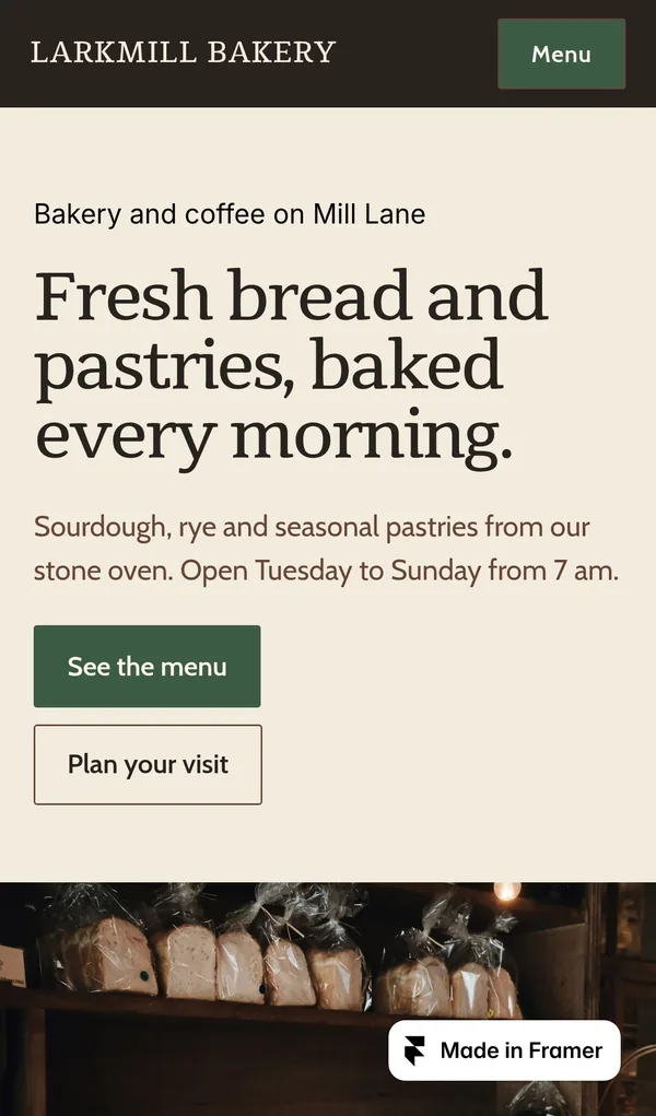 Home page of the bakery demo site on a phone