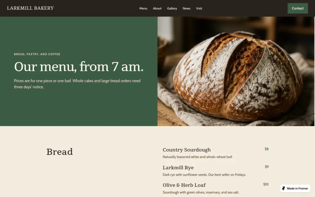 Menu page with prices on the bakery demo site, desktop