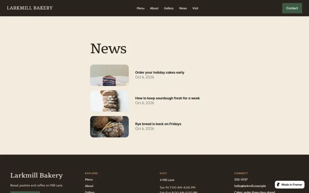 News list page created with the Framer CMS, desktop
