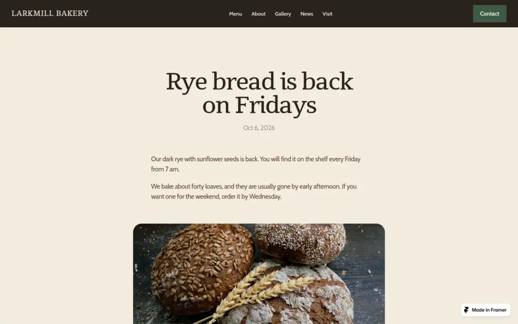 A single news post page on the bakery demo site, desktop
