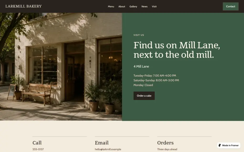 Visit page with opening hours, desktop