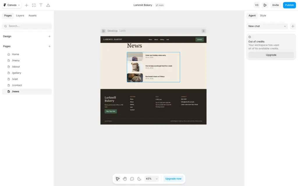 The news list page Framer created from the CMS collection