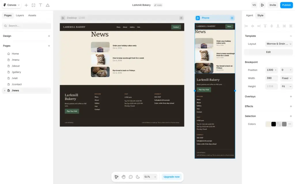 The news list page with an added phone layout in Framer
