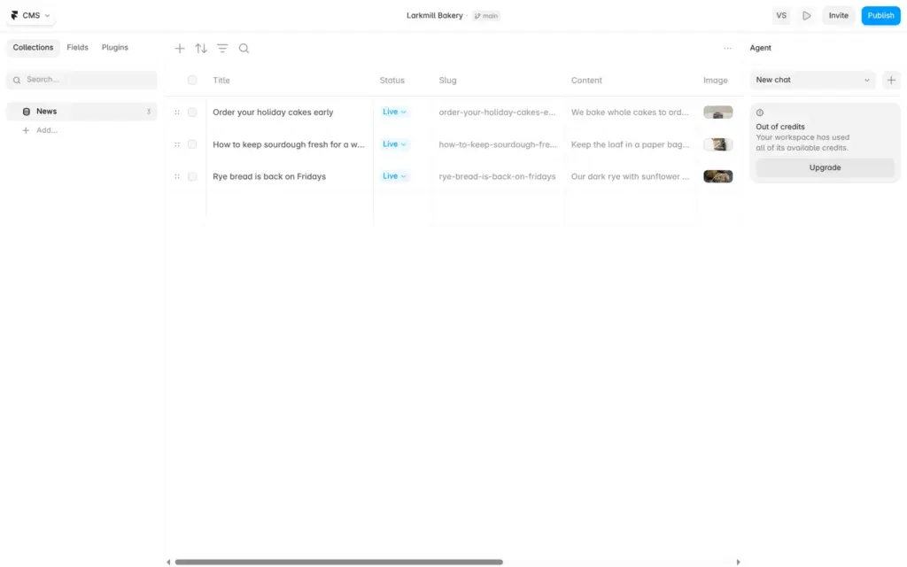 The News collection with three posts in the Framer CMS