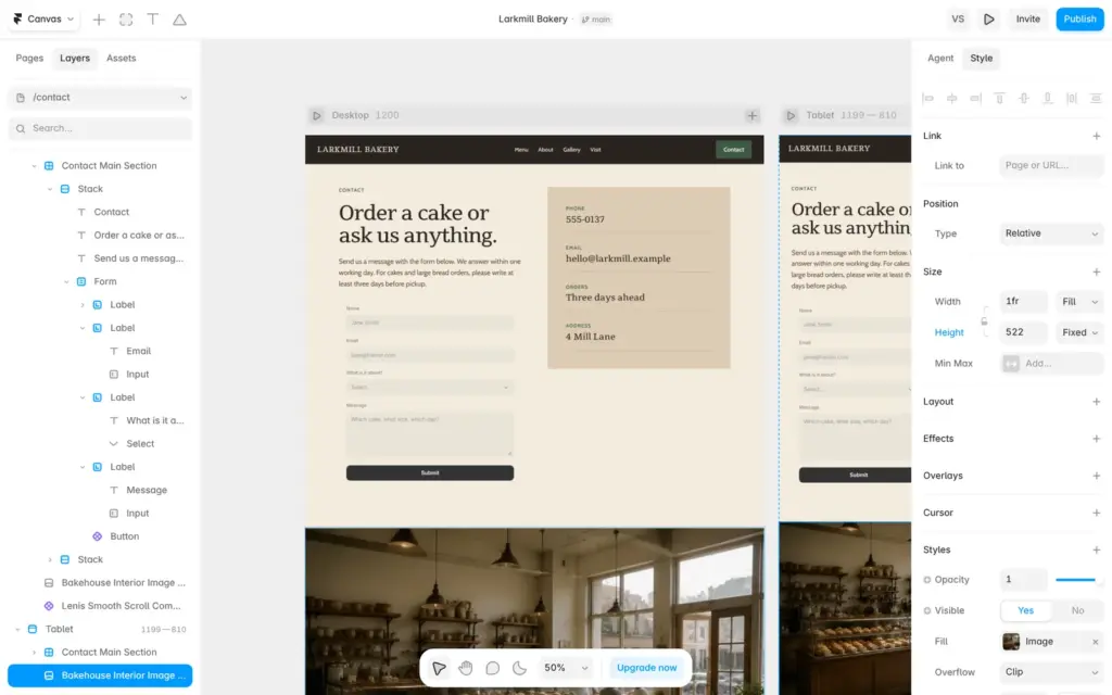 The finished contact form in the Framer editor