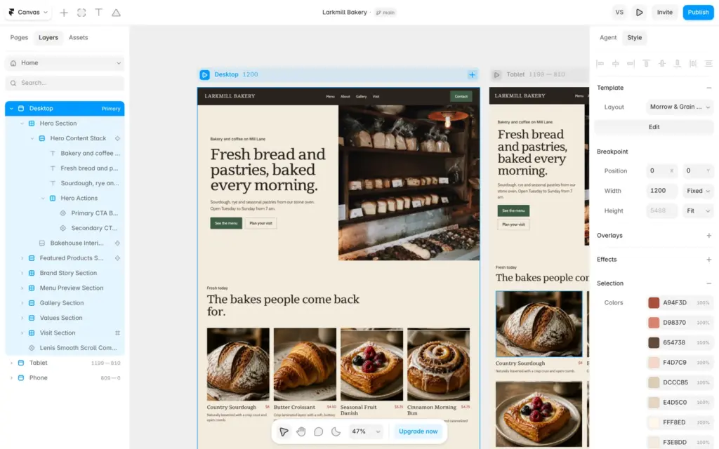 The new top section of the home page in the Framer editor