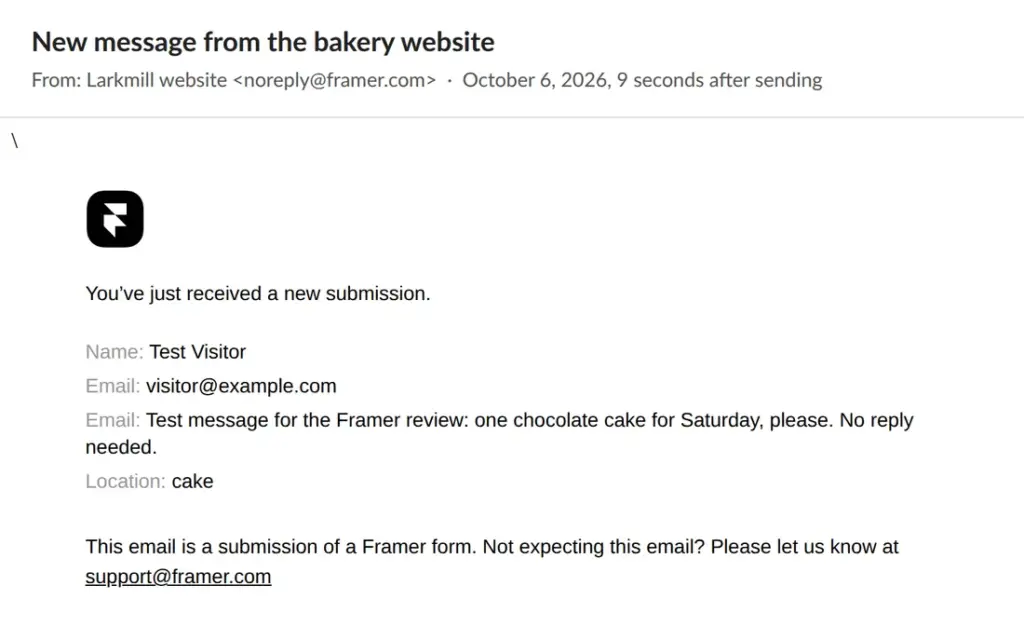 The first test email from the Framer form, showing Email twice