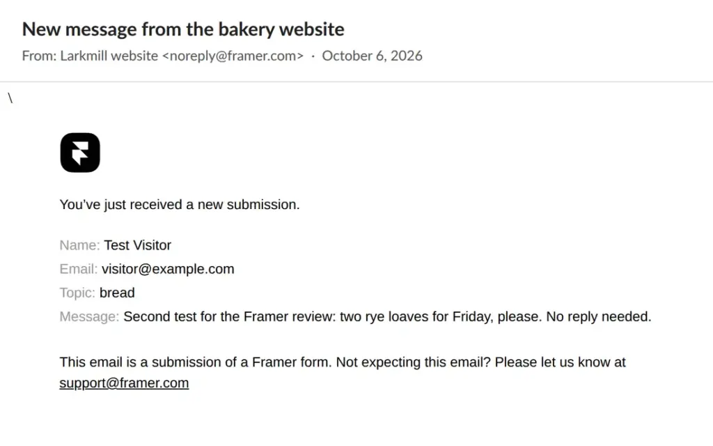 The test email after renaming the form fields