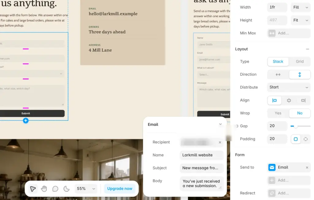 Email settings of a Framer form, with the recipient address blurred