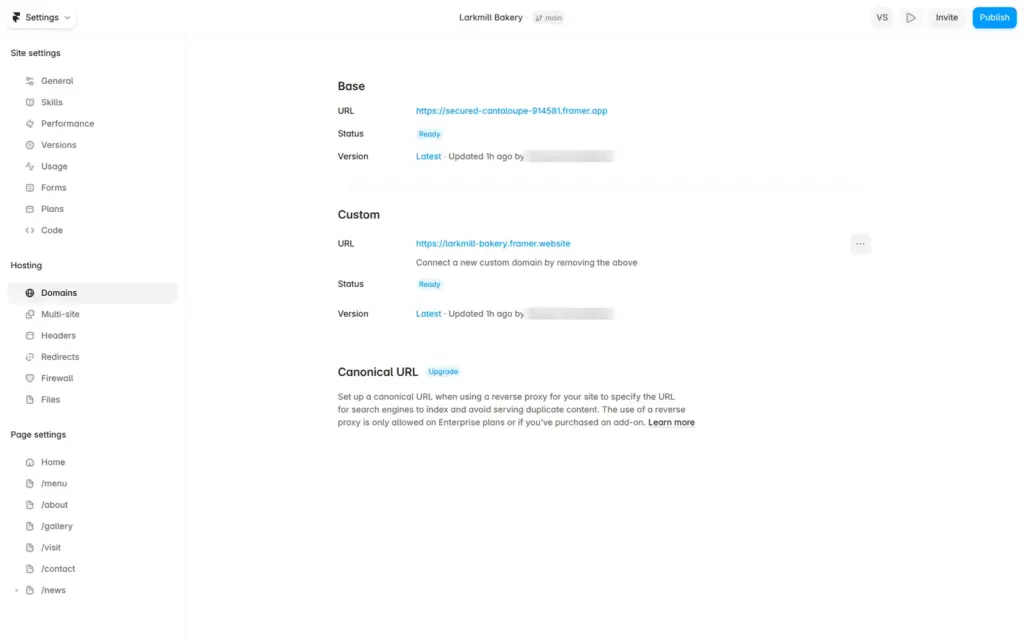 Choosing a free framer.website address in the Framer domain settings