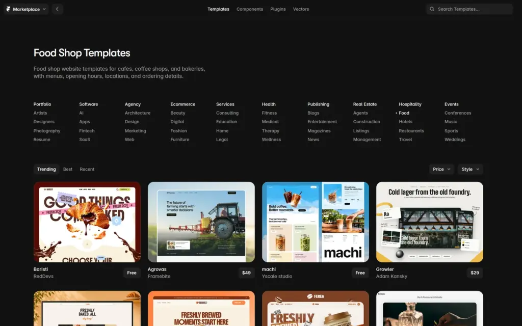 Food templates in the Framer marketplace