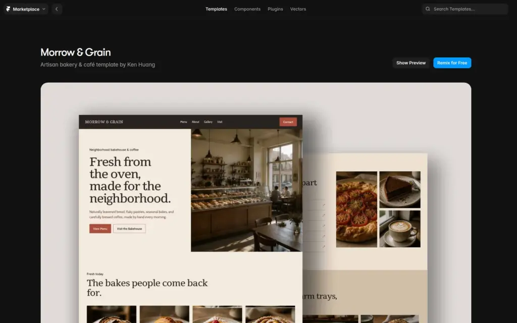 The free Morrow & Grain bakery template page in the Framer marketplace