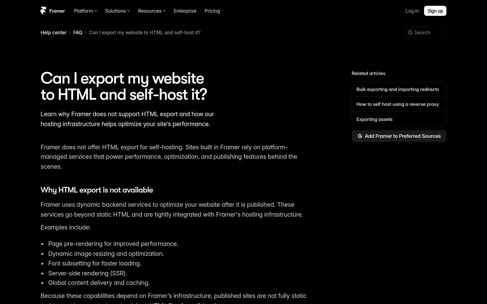 Framer help article saying that there is no HTML export
