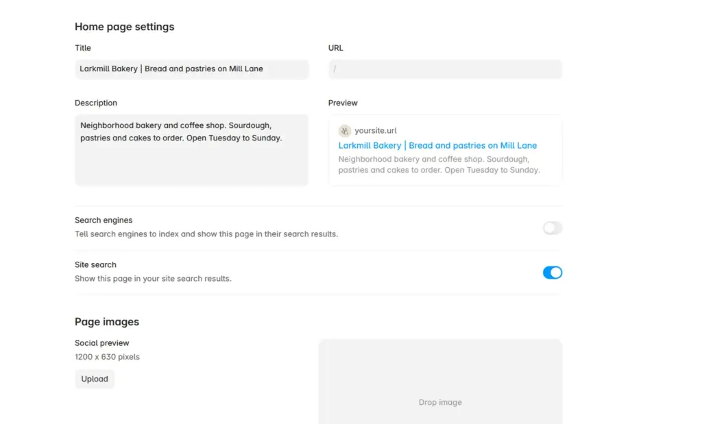 Search title, description and indexing switch in Framer page settings