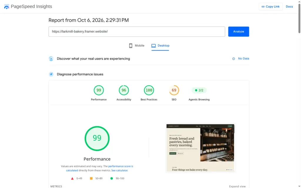 PageSpeed Insights result for the demo home page on desktop