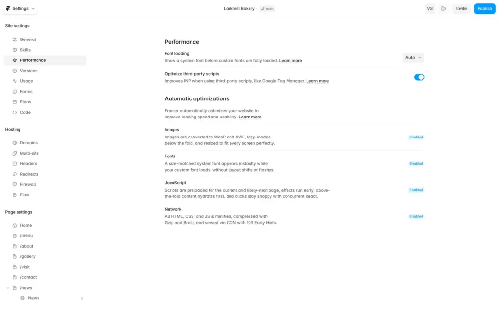 Framer's automatic performance settings