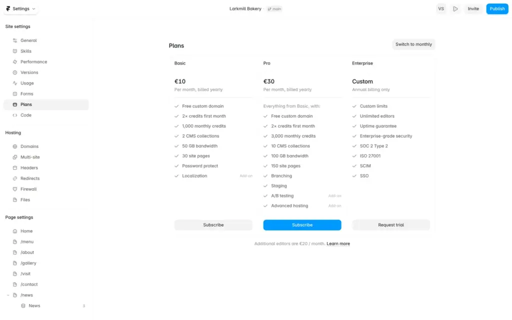 Plan choices inside the Framer site settings