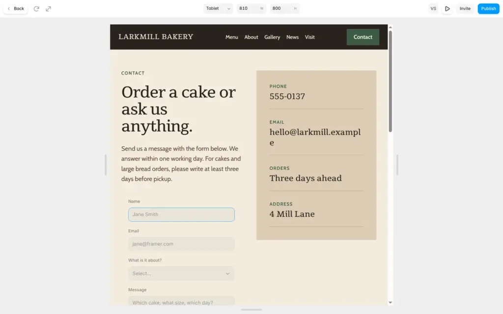 Previewing the contact page at tablet width in Framer