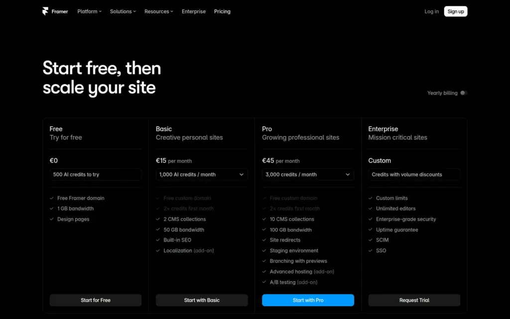 Framer pricing page with monthly billing