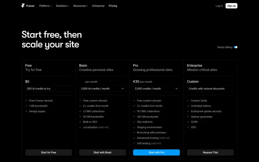 Framer pricing page with yearly billing