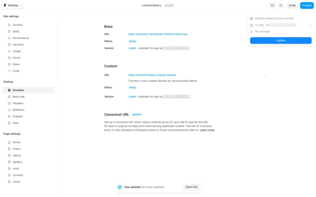 Publishing an update in Framer