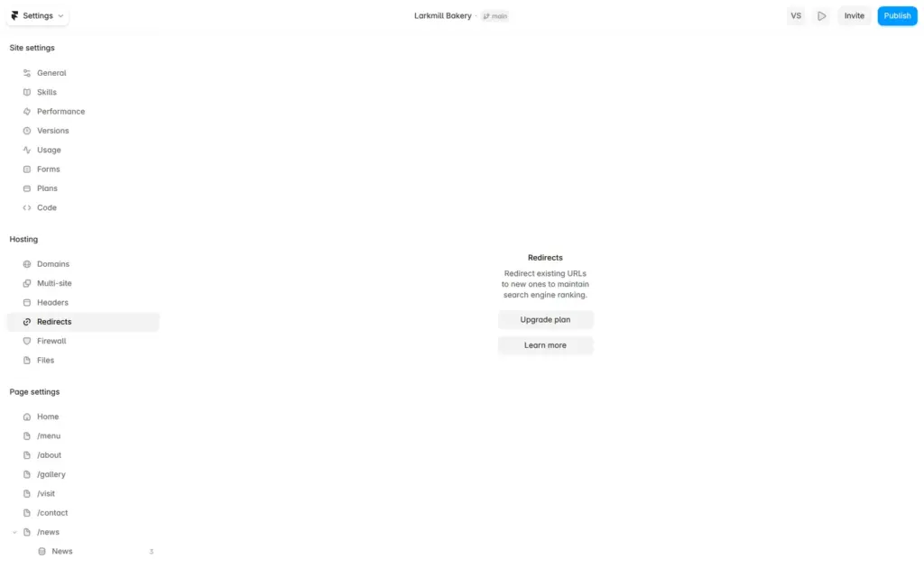 Redirect settings that need a paid Framer plan