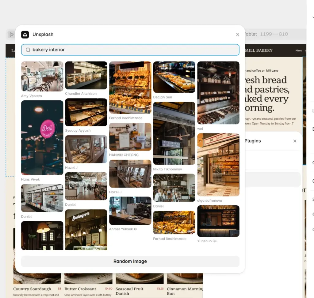 Searching Unsplash photos with the plugin inside the Framer editor