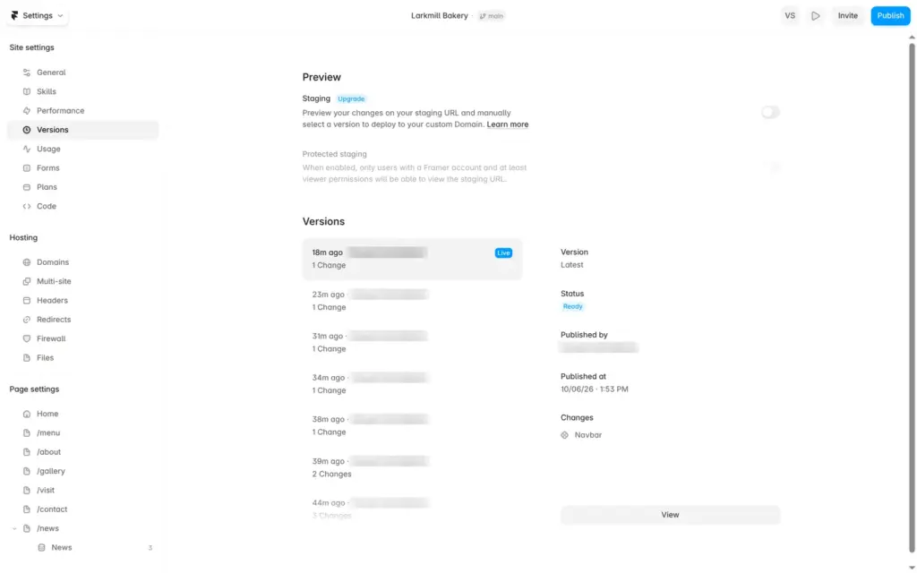 The list of published versions in Framer