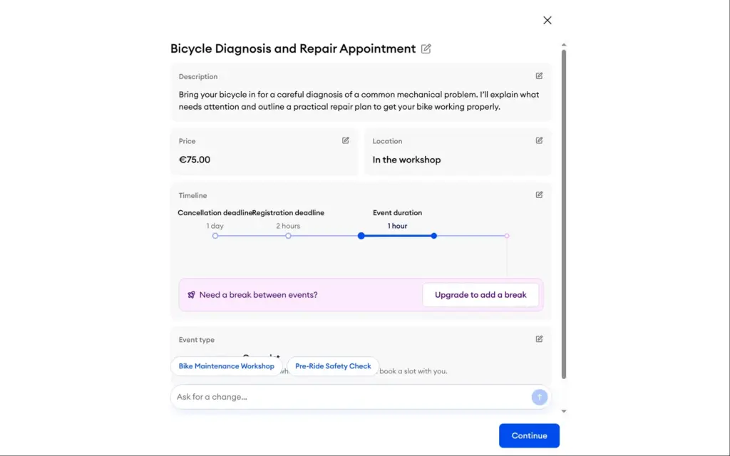Appointment drafted by Jimdo's AI with a price of 75 euros and one hour