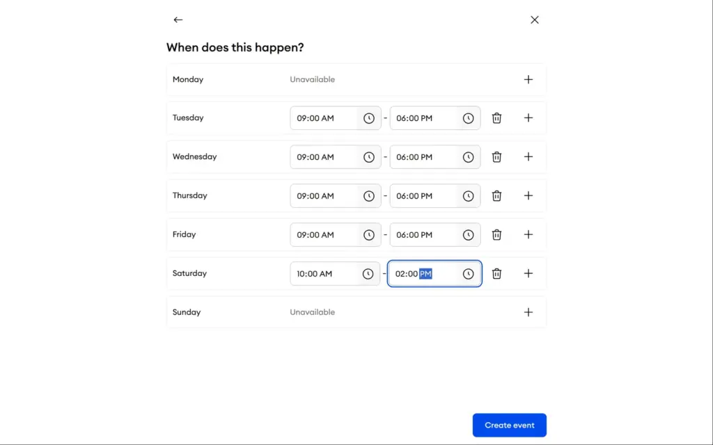 Booking times per weekday in Jimdo Bookings