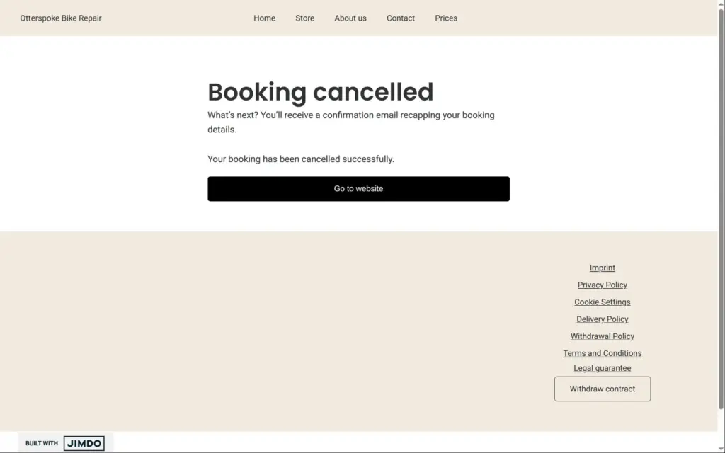 The page after the customer cancelled the booking