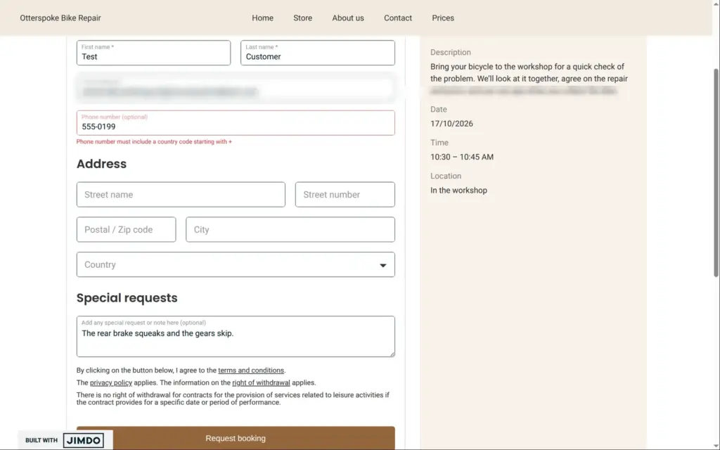 The booking details form, with the email address blurred