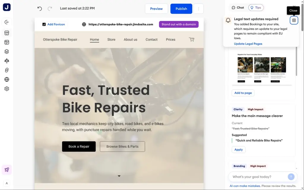 Jimdo's warning that bookings require updated legal pages
