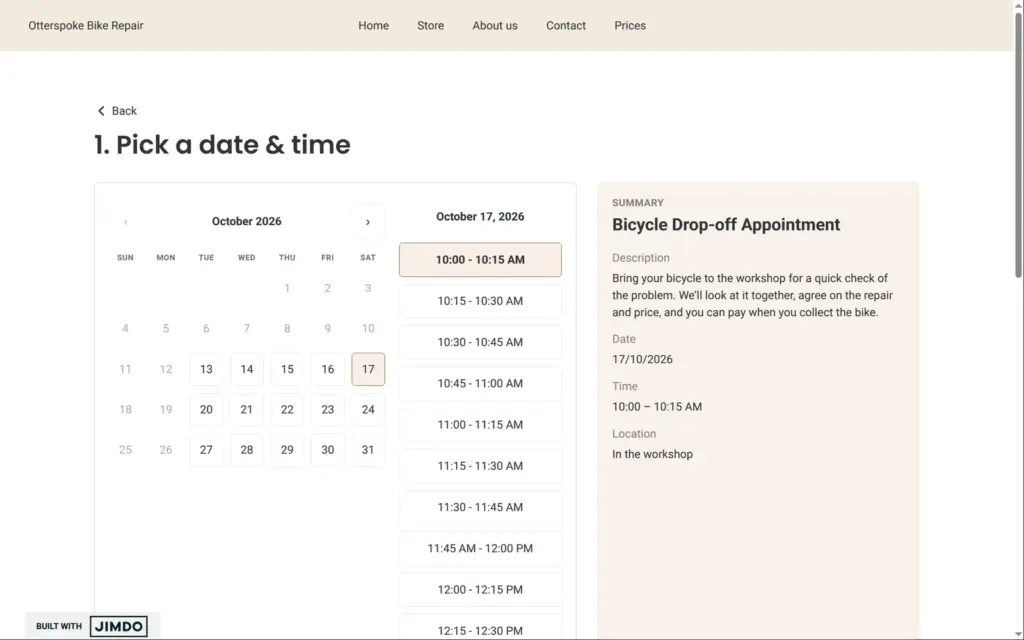 Choosing a fifteen-minute slot on the published site