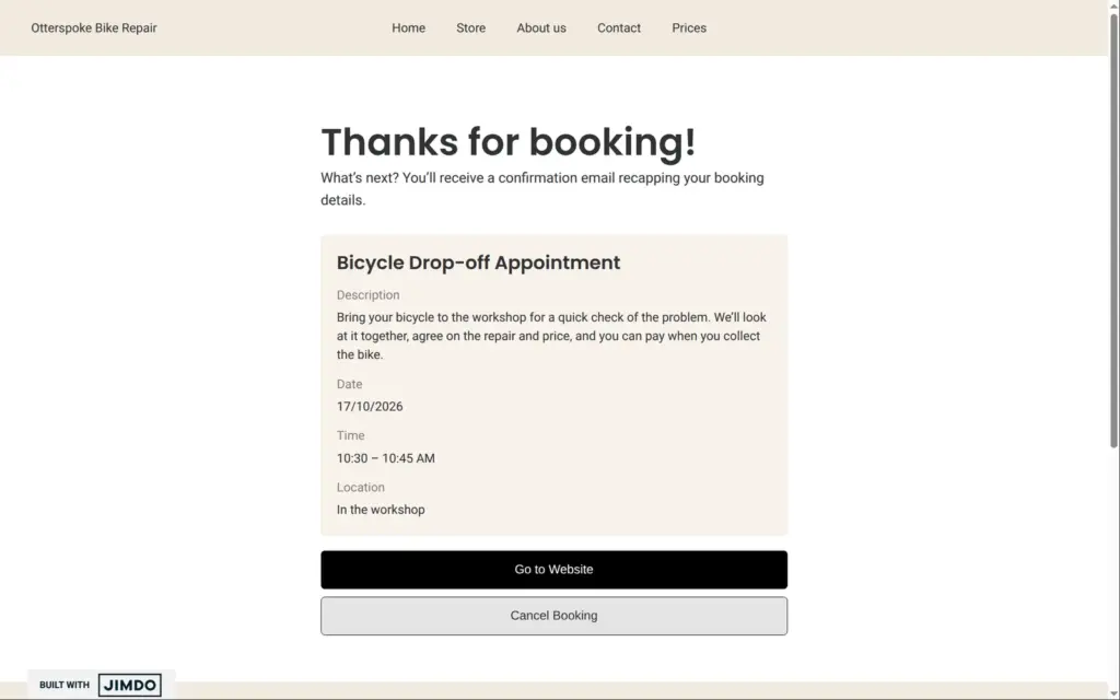 The confirmation page after booking