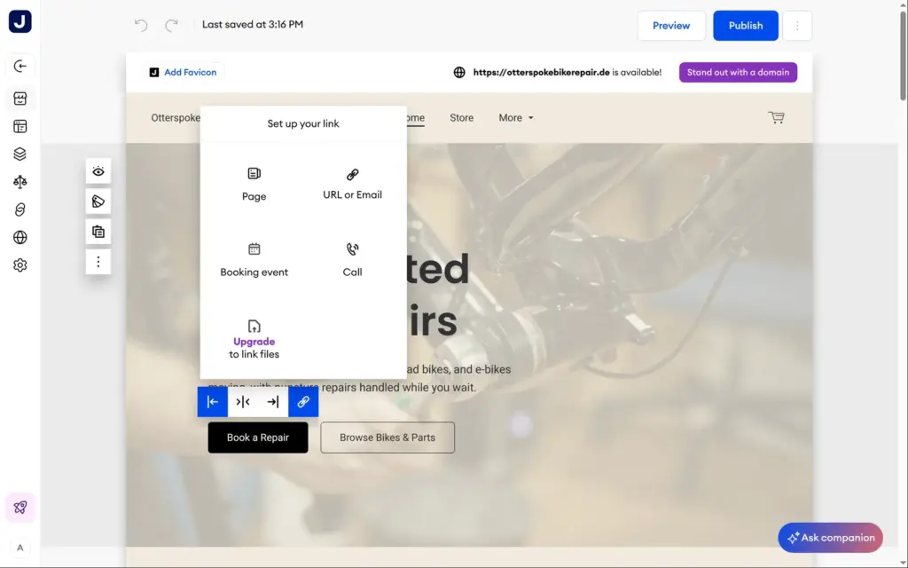 Jimdo's link options for a button: page, URL or email, booking event, call