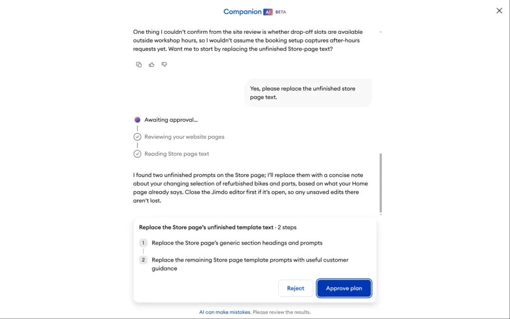 Companion's plan waiting for approval before it edits the site