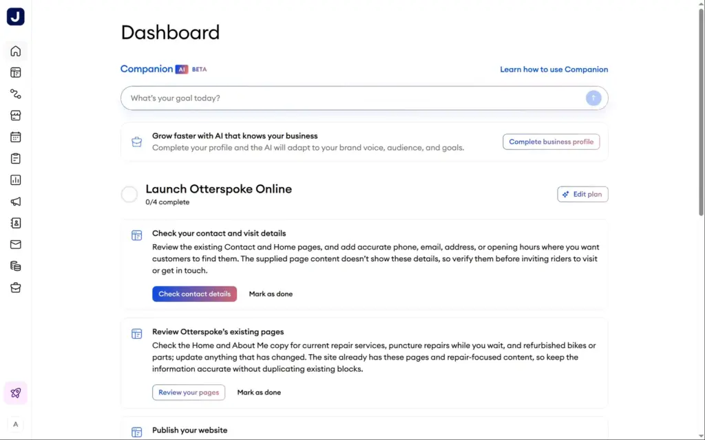 Companion's launch plan on the Jimdo dashboard